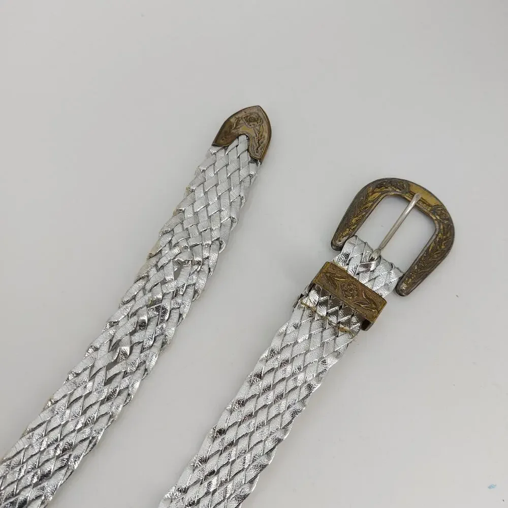 Vintage Womens Small Medium Silver Metallic Braided Belt Disco Festival